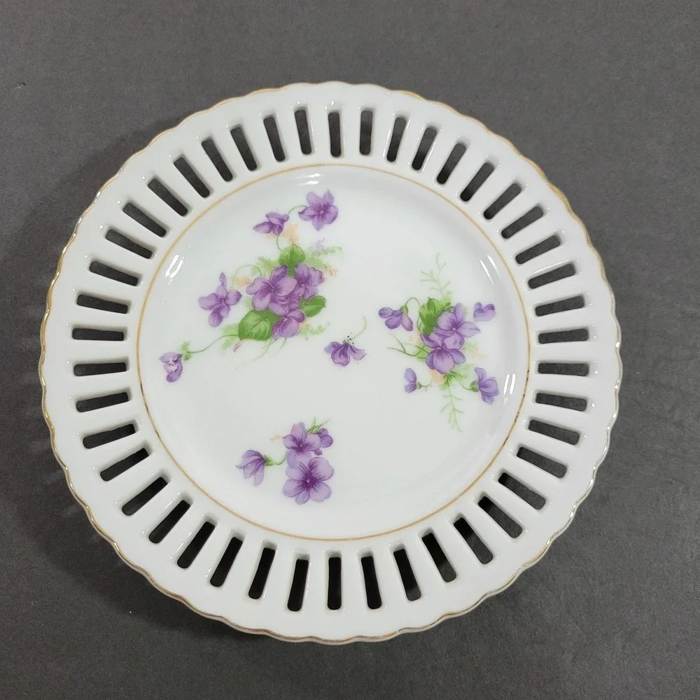 Small Floral Reticulated Saucer Dish White Purple Violets Gold Trim 6.25